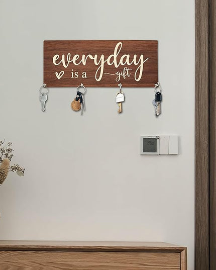 Yhtmbf Everyday is A Gift Wooden Key Holder for Wall - 5"x10" Key Organizer Hanger with 4 Hooks for Home Front Door Hallway Entryway Kitchen - Home Office Decor & Housewarming Gifts Supplies - A04