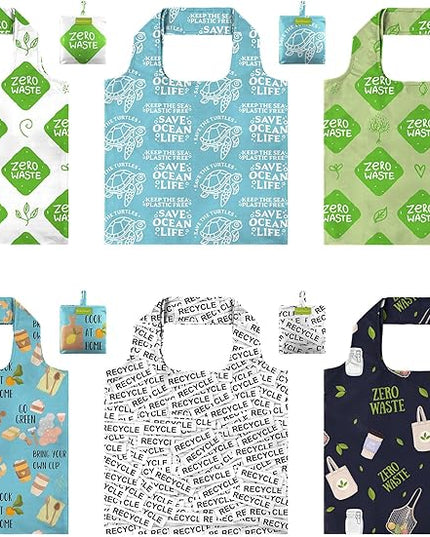 BeeGreen Print Reusable Shopping Bags 6 Pack - Heavy Duty Washable and Foldable Polyester Shopping Bag for Women, Reusable Gift Grocery Totes Market Tote Bag with Handles for Travel Holiday