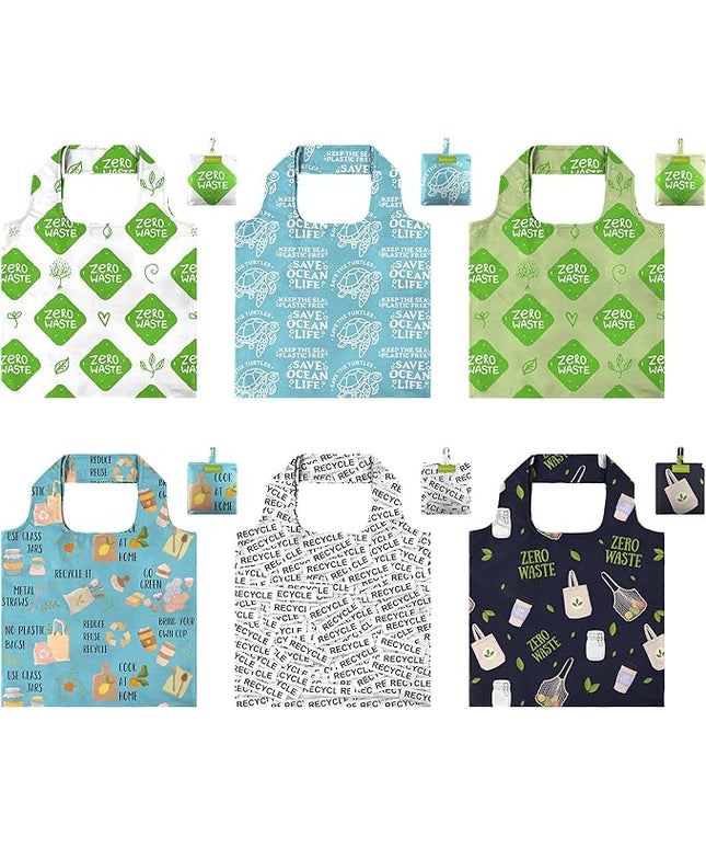 BeeGreen Print Reusable Shopping Bags 6 Pack - Heavy Duty Washable and Foldable Polyester Shopping Bag for Women, Reusable Gift Grocery Totes Market Tote Bag with Handles for Travel Holiday