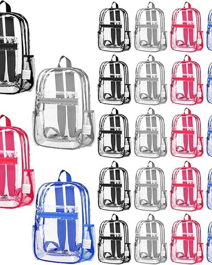 Silkfly 24 Pack Clear Backpacks Bulk PVC Transparent Bookbags Heavy Duty See Through Bags with Pockets for Stadium Work Travel (15 x 11 x 5.2 Inches)