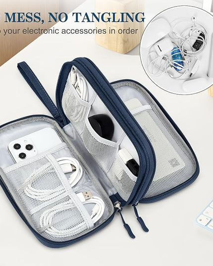 FYY Electronic Organizer, Travel Cable Organizer Bag Pouch Electronic Accessories Carry Case Portable Waterproof Double Layers Storage Bag for Cable, Cord, Charger, Phone, Earphone, Medium Size, Navy
