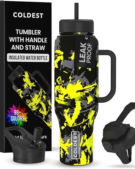 Coldest Tumbler with Handle and Straw - 100% Leak Proof Insulated Tumbler with Lid and Straw (3 Lids) - Stainless Steel Tumblers for Women & Men - Cup Holder Friendly Base, 46 oz (Off Road)