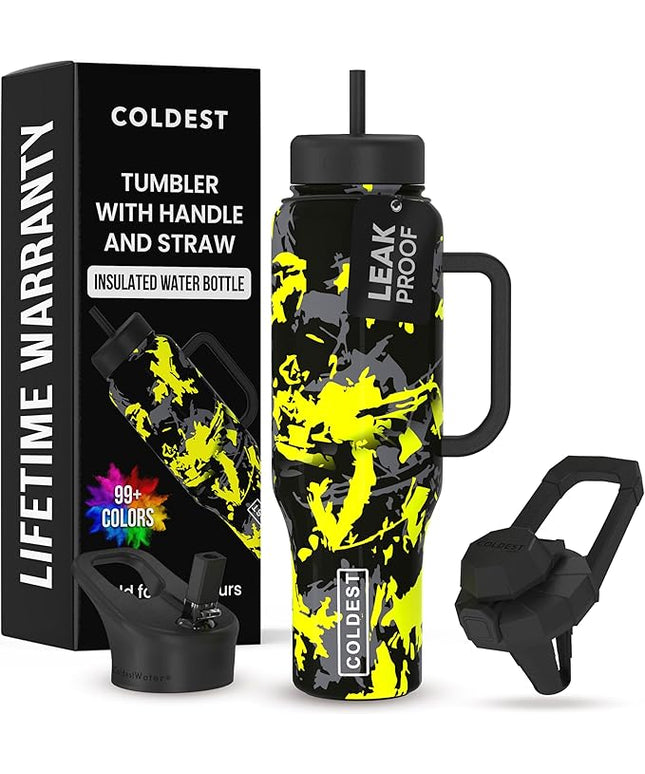 Coldest Tumbler with Handle and Straw - 100% Leak Proof Insulated Tumbler with Lid and Straw (3 Lids) - Stainless Steel Tumblers for Women & Men - Cup Holder Friendly Base, 46 oz (Off Road)