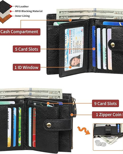 FALAN MULE Small Wallet for Women Leather RFID Blocking Bifold Credit Card Holder with Zipper Coin Pocket