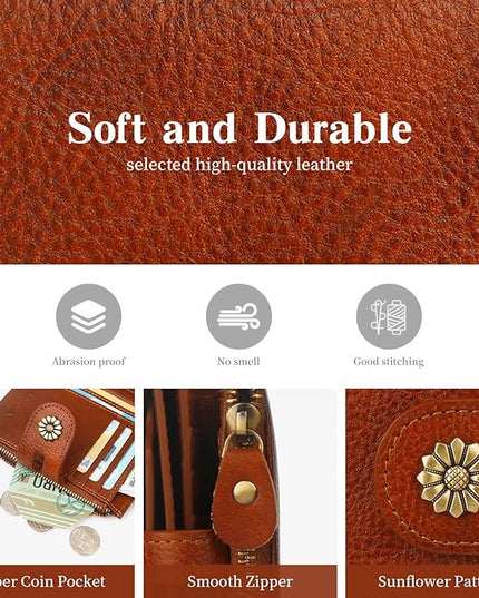 Blucoay Wallet Women,RFID Blocking Leather Womens Wallet Bifold Compact Card Holder Small Wallet for Women with Removable ID Window Brown