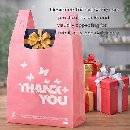 PINK Thank you bags, 200PCS T shirt bags, To Go Bags,Grocery bags, Reusable and Disposable,Perfect for Small Business,Take Out,Retails,11 inchx6 inchx21 inch(200),Large