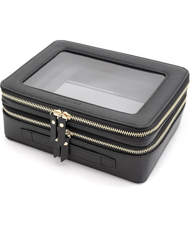 Aveniee XL Clear Makeup Organizer,Double Layer Travel Cosmetic Case with Brush Holder & Zippered Compartments,Big Toiletry Bag for Travel Accessories,2 Layers Large,Black