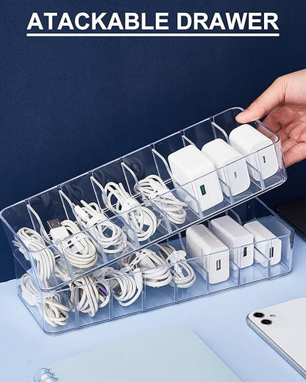 Tatuo 8 Pcs Cable Organizer with 80 Wire Ties, Plastic Cord Storage Charger Box Electronics Organizer with Adjustment Compartments Cable Storage for Drawer Home Office Desk Accessories (Clear)
