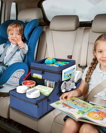 COOLBEBE Car Seat Organizer, Backseat Car Organizer with Cup Holders for Kids and Adults Travel, Cooler Compartment Passenger Seat Organizer Storage Box for Front or Middle Seat, Navy Blue
