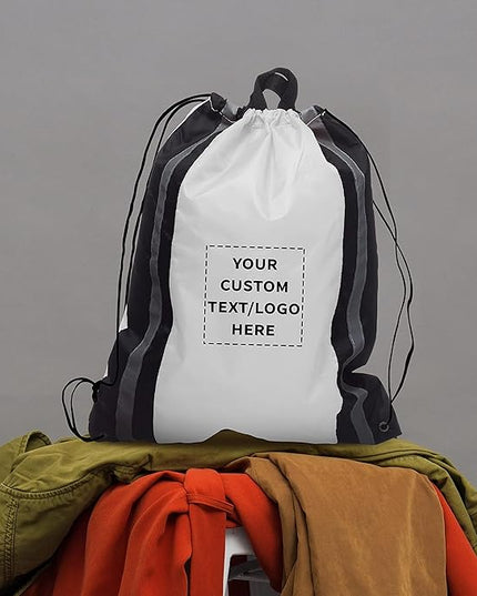 DISCOUNT PROMOS Custom Classic Polyester Drawstring Backpack Set of 10/50/100, Personalized Bulk Pack - Great for Travelling, Gym and for Everyday Use - White