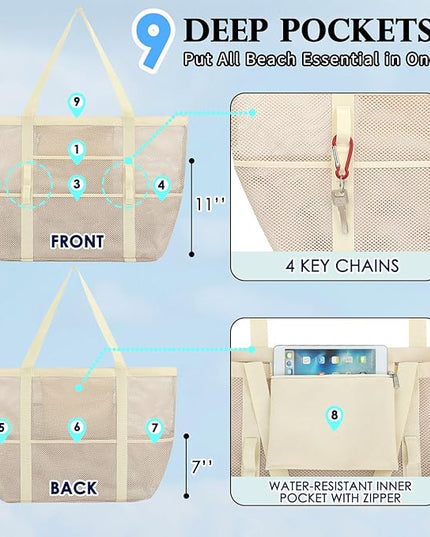 Mesh Beach Bag, Large Beach Tote with Zipper Pocket, Toys Pool Bag for Family Travel Vacation Cruise Essentials