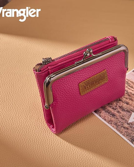 Montana West Wrangler Women's Wallet RFID Blocking Wallets Small Bifold Credit Card Holder with Kiss Clasp Hot Pink