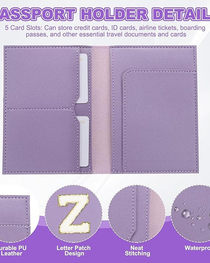 PATIKIL Passport Holder for Travel, Initial Passport Cover and Luggage Tag Set with Alphabet Chenille Letter Patch Travel Wallet Bag Suitcase Identifier for Women Family Travel Purple Z