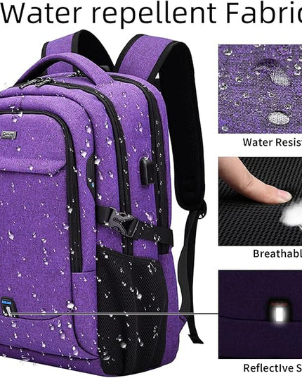 DUSLANG 17 Inch Laptop Backpack for Travel Water Resistant College Backpack for Women Laptop Bag with USB Charging Port Work Backpack,Purple