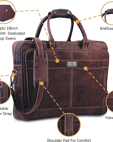 18 Inch Leather Laptop Bag for Computer Bag for Men– Supple Genuine Leather Briefcases for Men W/Padded Laptop Case Leather