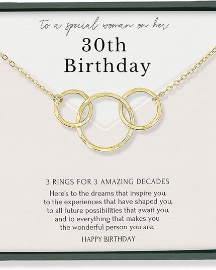 HOPE LOVE SHINE Birthday Necklace – Fashion Jewelry 16+2", 14K Gold Plated Sterling Silver with 3 Interlocking Rings, Hypoallergenic and Comfortable – A Thoughtful Choice for Birthday for Women