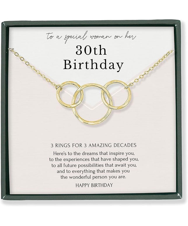 HOPE LOVE SHINE Birthday Necklace – Fashion Jewelry 16+2", 14K Gold Plated Sterling Silver with 3 Interlocking Rings, Hypoallergenic and Comfortable – A Thoughtful Choice for Birthday for Women
