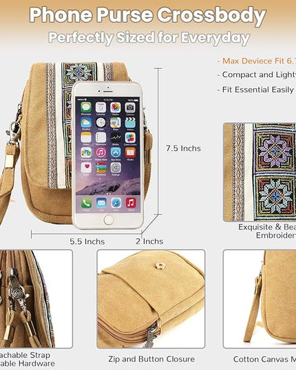 Goodhan Embroidery Canvas Crossbody Bag Cell phone Pouch Coin Purse for Women