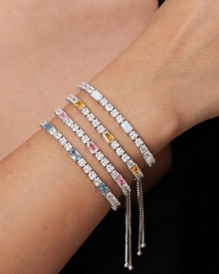FANCIME Birthstone Bracelet for Women, Sterling Silver 4x6mm Gemstone Tennis Bracelet Bolo Adjustable Chain Fine Jewelry Birthday Gifts for Women Mom Wife Her