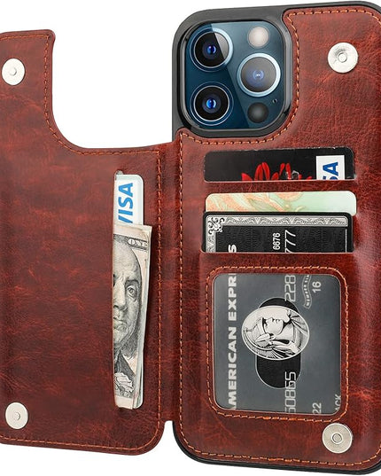 ONETOP Compatible with iPhone 13 Pro Max Wallet Case with Card Holder,PU Leather Kickstand Card Slots Case, Double Magnetic Clasp and Durable Shockproof Cover 6.7 Inch(Brown)