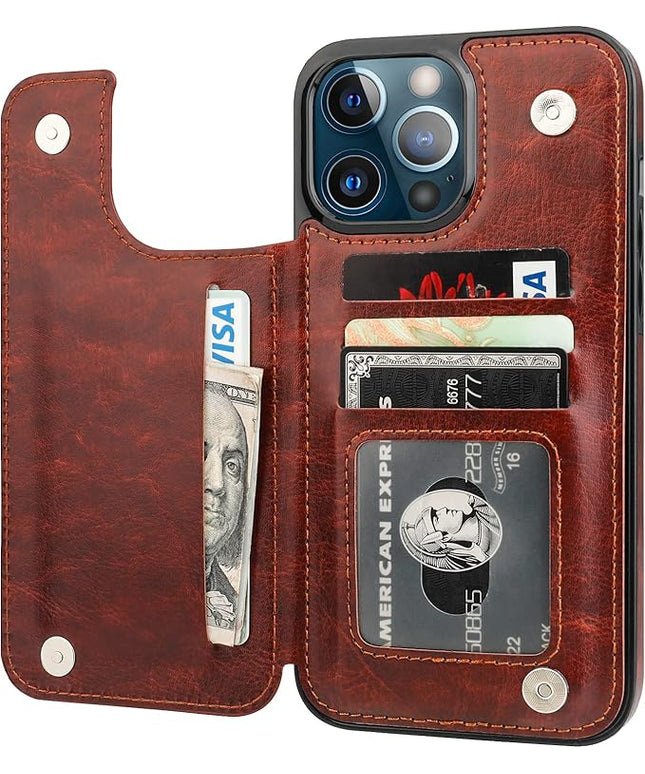 ONETOP Compatible with iPhone 13 Pro Max Wallet Case with Card Holder,PU Leather Kickstand Card Slots Case, Double Magnetic Clasp and Durable Shockproof Cover 6.7 Inch(Brown)
