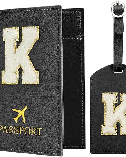PATIKIL Passport Holder for Travel, Initial Passport Cover and Luggage Tag Set with Alphabet Chenille Letter Patch Travel Wallet Bag Suitcase Identifier for Women Family Travel Black K