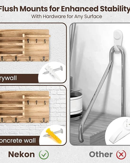 Nekon Mail Holder for Wall Mail Organizer with Key Hooks Hallway Farmhouse Decor Storage Racks with Floating Shelf and Flush Mount Hardware (16.8Inch x 10Inch x 3.2Inch) (Wood)