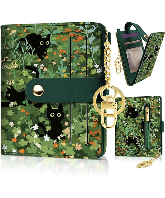 Sodsay Small Slim Wallet Women RFID Blocking, PU Leather Bifold Ladies Wallet with Zipper Coin Pocket, Thin Cute Travel Card Wallets for Girls, Black Cat Blooms
