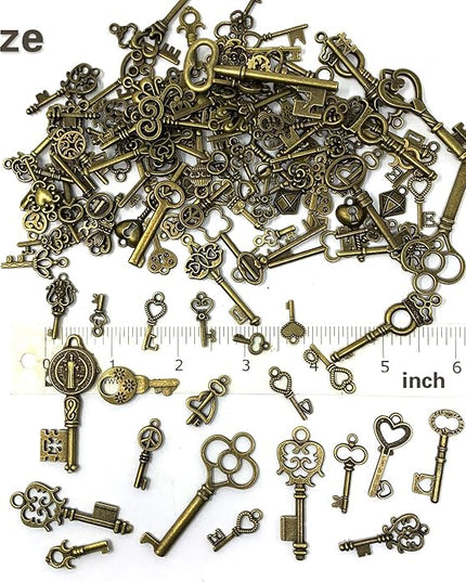 125 PCS Vintage Skeleton Key Set Charms, JIALEEY Mixed Antique Style Bronze Brass for Pendant DIY Jewelry Making Wedding Party Favors