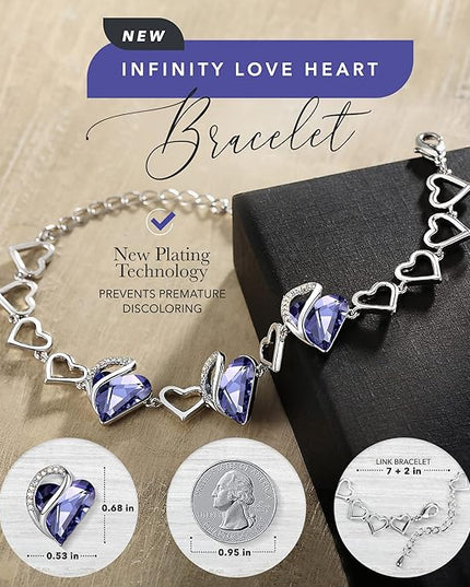 Leafael Infinity Love Heart Link Bracelets, Birthstone or Healing Stone Crystal Bracelet for Women, Silver Tone Jewelry Gifts for Her, 7-inch Chain and 2-inch Extender