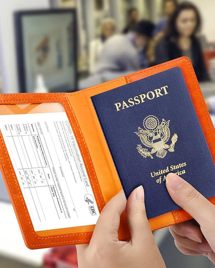 Passport and Vaccine Card Holder Combo, Passport Holder with Vaccine Card Slot, Passport Wallet, Passport Cover, Passport Case, Passport Holder for Women and Men(BA-Orange)