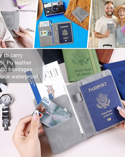Melsbrinna Premium Leather Passport Holder Covers Case, Waterproof Rfid Blocking Travel Wallet Passport Holder with Pen Holder, Cute Passport Book for Women/Men