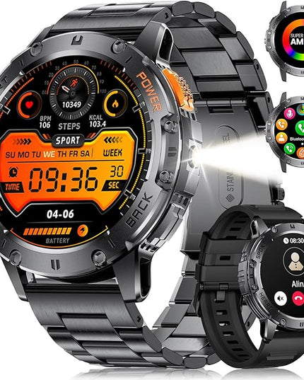 LIGE 1.43" AMOLED Smart Watch for Men with Flashlight, Bluetooth Calling, 100+ Sport Modes, 530mAh, IP68 Waterproof Fitness Tracker for Workout, iOS Android Compatible, Black Steel