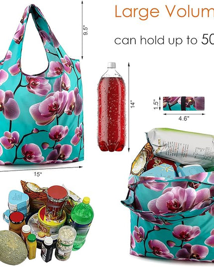 BeeGreen 10 Pack Washable Floral Grocery Bags for Shopping Reusable Tote Bags Extra Large 50LBS Cute Flower Design Foldable Reusable Bags for Women Men Lightweight Durable