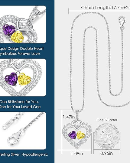 LOUISA SECRET Sparkling Double Heart Birthstone Necklaces for Women, 925 Sterling Silver Fine Jewelry, Pendant Heart Necklaces Birthday Anniversary Christmas Gift for Women Wife Mom Girlfriend Lady