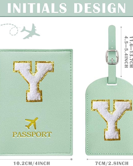 COSHAYSOO Green Passport Cover and Luggage Tag Set TSA Approved with Her Initial Chenille Letter Patch, Monogrammed Travel Bag Backpack Suitcase Identifier Gifts for Mom Women Teacher (Y)