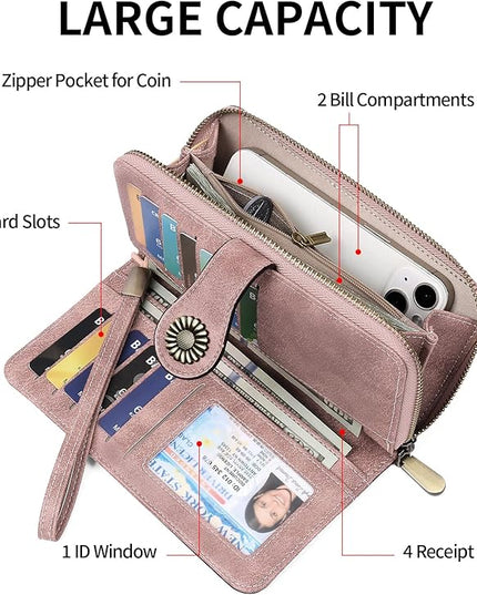 SENDEFN Wallet for Women RFID Blocking Leather Clutch Long Purse Large Capacity Credit Card Holder Wristlet