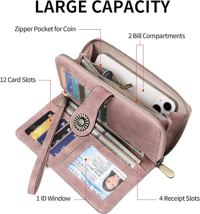 SENDEFN Wallet for Women RFID Blocking Leather Clutch Long Purse Large Capacity Credit Card Holder Wristlet
