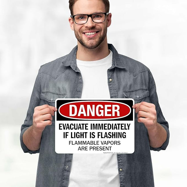 Danger Evacuate Immediately If Light is Flashing Flammable Vapors are Present Sign, 10x7 Inches, 4 Mil Vinyl Decal Stickers Weather Resistant, Made in USA by My Sign Center