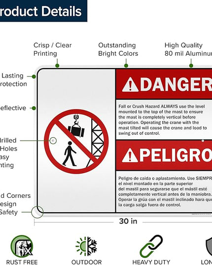 Danger Fall Or Crush Hazard Always Use The Level Mounted Bilingual Sign, 24x30 Inches, 3M EGP Reflective .080 Aluminum, Fade Resistant, Made in USA by My Sign Center