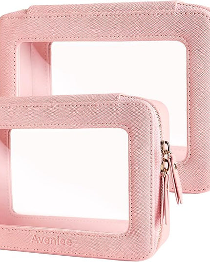 Aveniee Clear Makeup Bag Organizer Set,Portable Travel Toiletry Case for Women, Vegan Leather Cosmetic Pouch Car Bag for Essentials 2pcs,Middle & Large,Pink