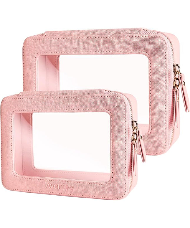 Aveniee Clear Makeup Bag Organizer Set,Portable Travel Toiletry Case for Women, Vegan Leather Cosmetic Pouch Car Bag for Essentials 2pcs,Middle & Large,Pink
