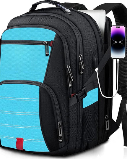 Extra Large Backpack, Travel Backpack, Sturdy TSA Water Resistant 17.3 Inch Carry on Backpacks with USB Port, Anti Theft Business Computer Backpacks Gifts for Men Women, Lake Blue