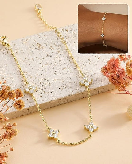 FUNEIA Dainty Silver Gold Bracelets for Women Trendy Non Tarnish 14K Gold Plated Waterproof Diamond Bracelets Cute Stackable Heart Butterfly Clover Cross Evil Eye Charm Bracelet Stack Jewelry Gifts