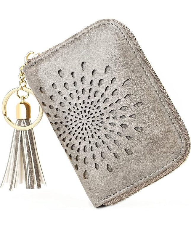 APHISON RFID Credit Card Holder Zipper Card Case Keychain Small Wallet for Women 1927 GRAY