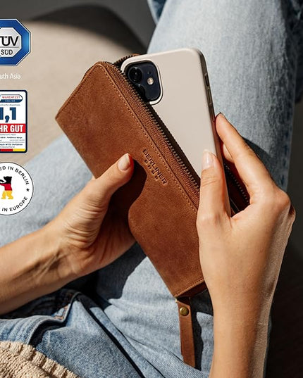 BERLINER BAGS Vintage Genuine Leather Wallet Margo, RFID Blocking Credit Card Holder, Slim Womens Wallet, Zip Around Wallet for 13 Cards and ID window, Bills, Coins - Brown