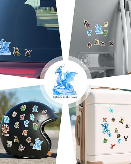 100 PCS Magic Dragon Stickers Pack, Fantasy Vinyl Decals Fire Ice Water Earth Light Dark Dragons, Aesthetic Mythical Dragons Art for Adults, Scrapbooking, Laptops, Water Bottles