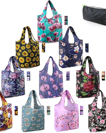 BeeGreen 10 Pack Washable Floral Grocery Bags for Shopping Reusable Tote Bags Extra Large 50LBS Cute Flower Design Foldable Reusable Bags for Women Men Lightweight Durable