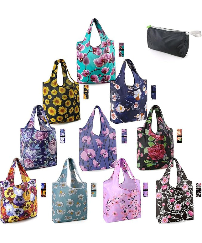 BeeGreen 10 Pack Washable Floral Grocery Bags for Shopping Reusable Tote Bags Extra Large 50LBS Cute Flower Design Foldable Reusable Bags for Women Men Lightweight Durable