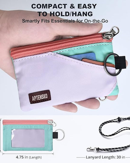 RFID Travel Wallet with Adjustable Lanyard-Zipper Small Wallet with ID Card Holder, Keychain for women&men-Minimalist Slim Waterproof Nylon case for ID, Cash, Key (SoftLilac+MintAqua)